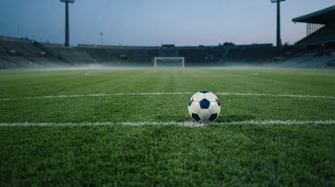 Ein Fußball liegt im Gras eines leeren Platzes, im Hintergrund stehen Flutlichtmasten in der Dämmerung.