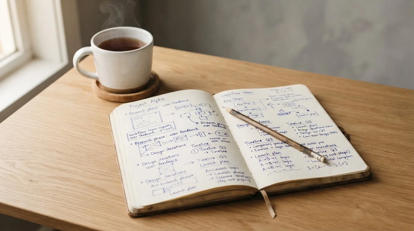 Ein aufgeschlagenes Notizbuch mit handschriftlichen Skizzen und ein Bleistift liegen auf einem Schreibtisch neben einer Tasse Tee.