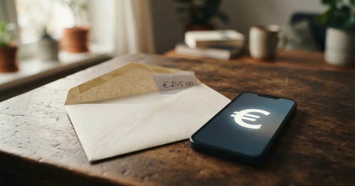 Ein leerer Umschlag und eine Münze liegen auf einer Tischplatte neben einem Smartphone mit dunklem Display.