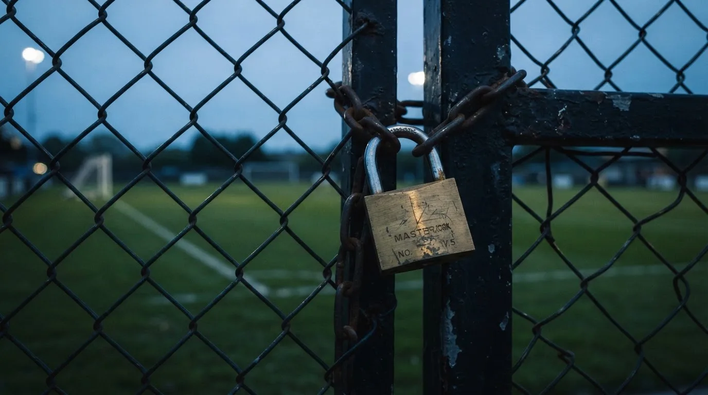 Ein Vorhängeschloss hängt an einem Metalltor in der Dämmerung, im Hintergrund unscharf ein Fußballplatz.