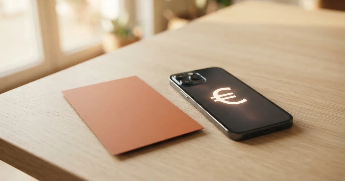 Eine Plastikkarte ohne Aufdruck liegt neben Münzen und einem Smartphone mit dunklem Display auf einem hellen Tisch.