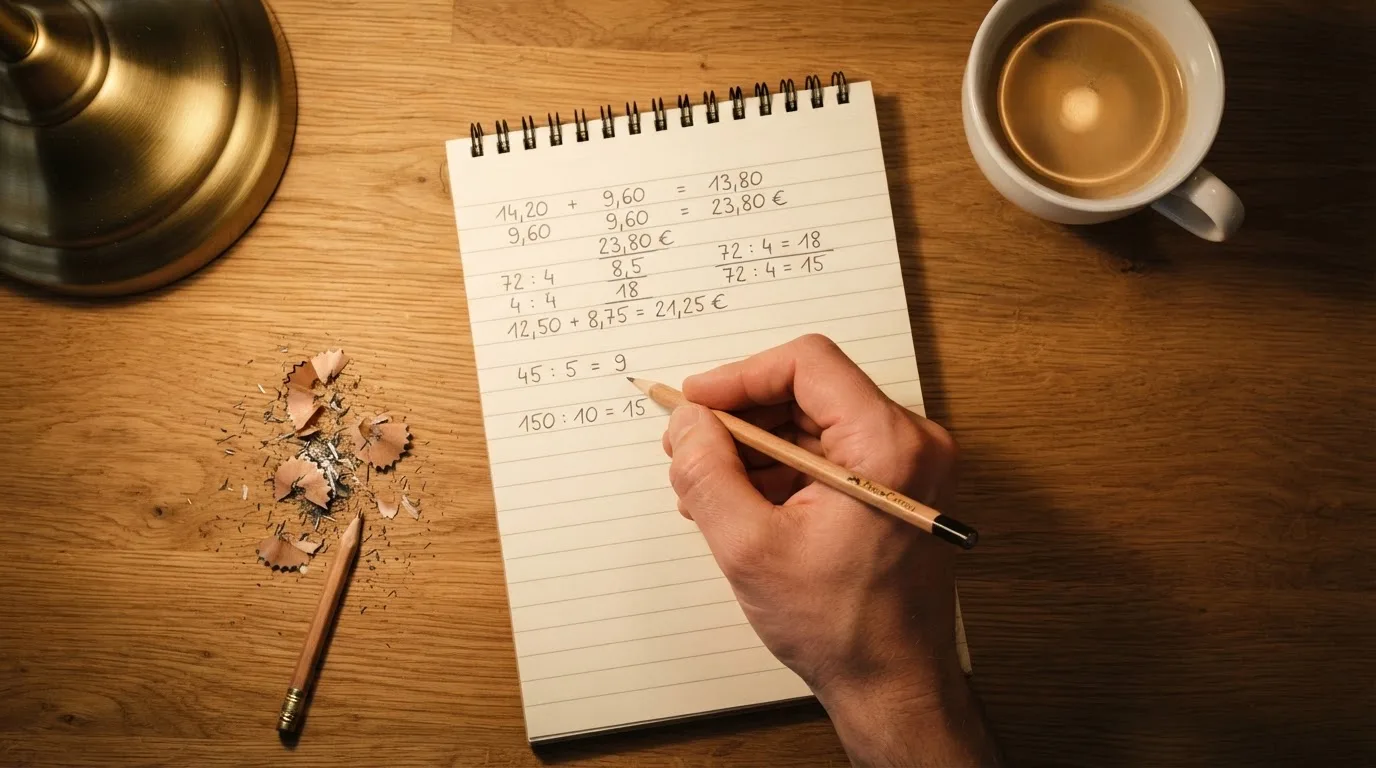 Ein Taschenrechner und ein Bleistift liegen auf einem Schreibtisch neben einer Tasse Kaffee im Licht einer Lampe.