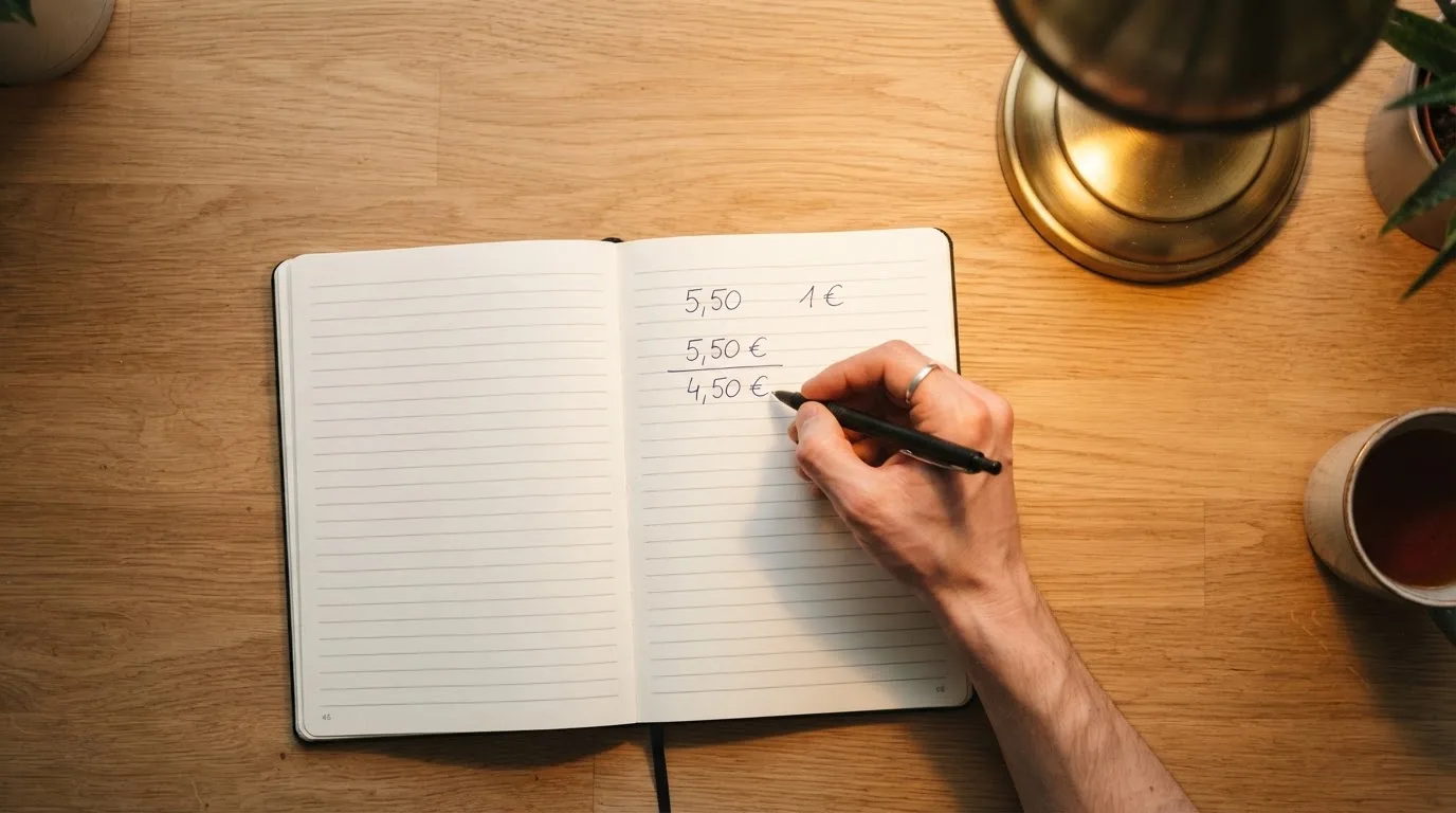 Ein Taschenrechner und ein aufgeschlagenes Notizbuch mit handschriftlichen Zahlenreihen liegen unter einer Schreibtischlampe.