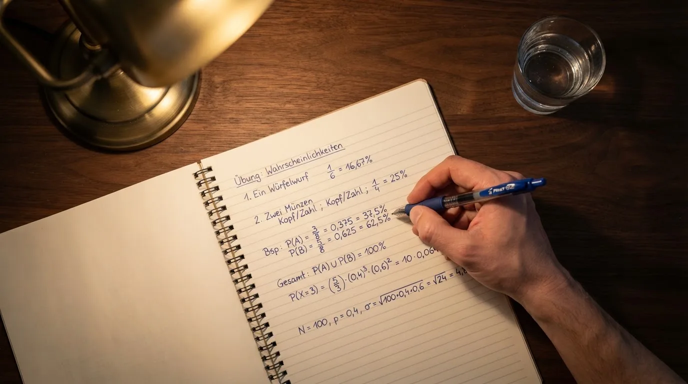 Ein Taschenrechner und ein aufgeschlagenes Notizbuch mit handschriftlichen Zahlenreihen liegen unter einer Schreibtischlampe.