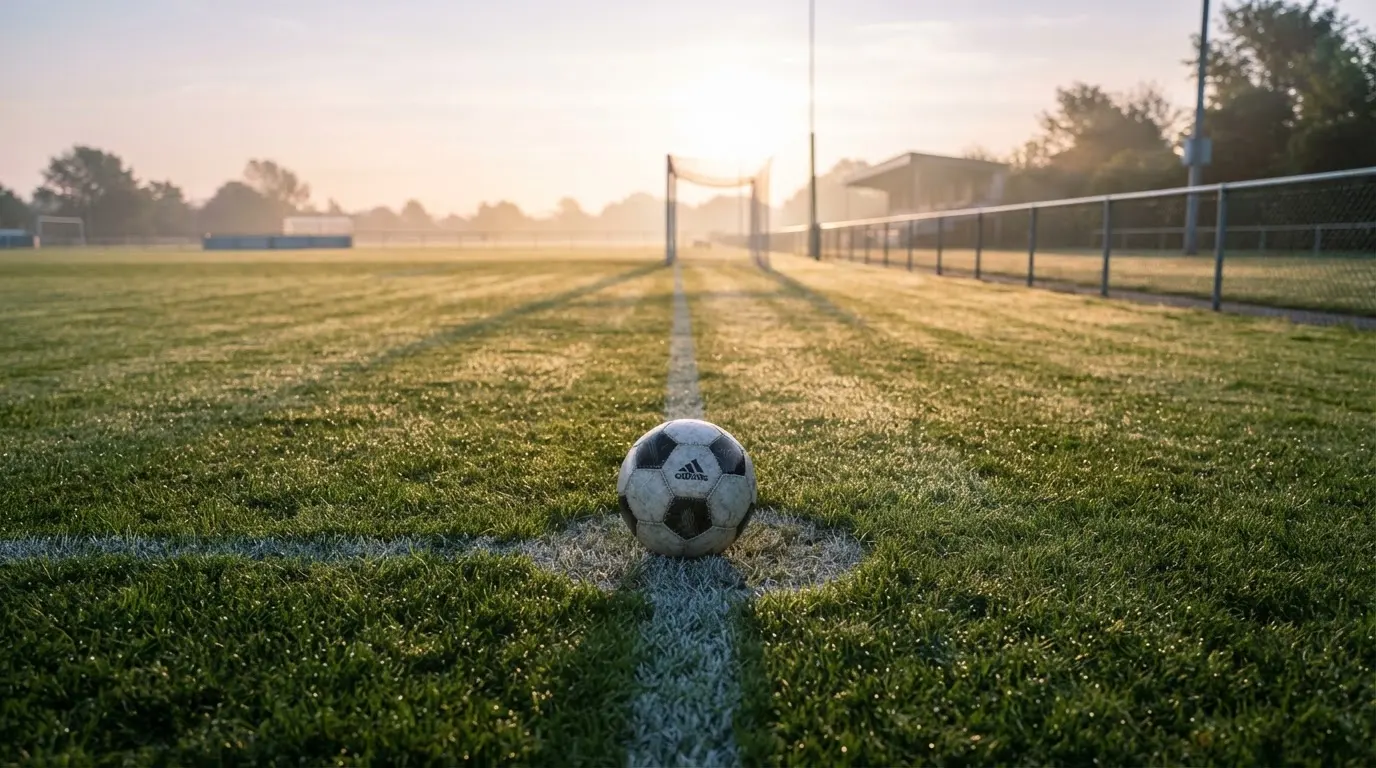Ein Fußball liegt allein auf dem Anstoßpunkt eines leeren Rasenplatzes im Morgenlicht, am Rand ein niedriger Zaun.