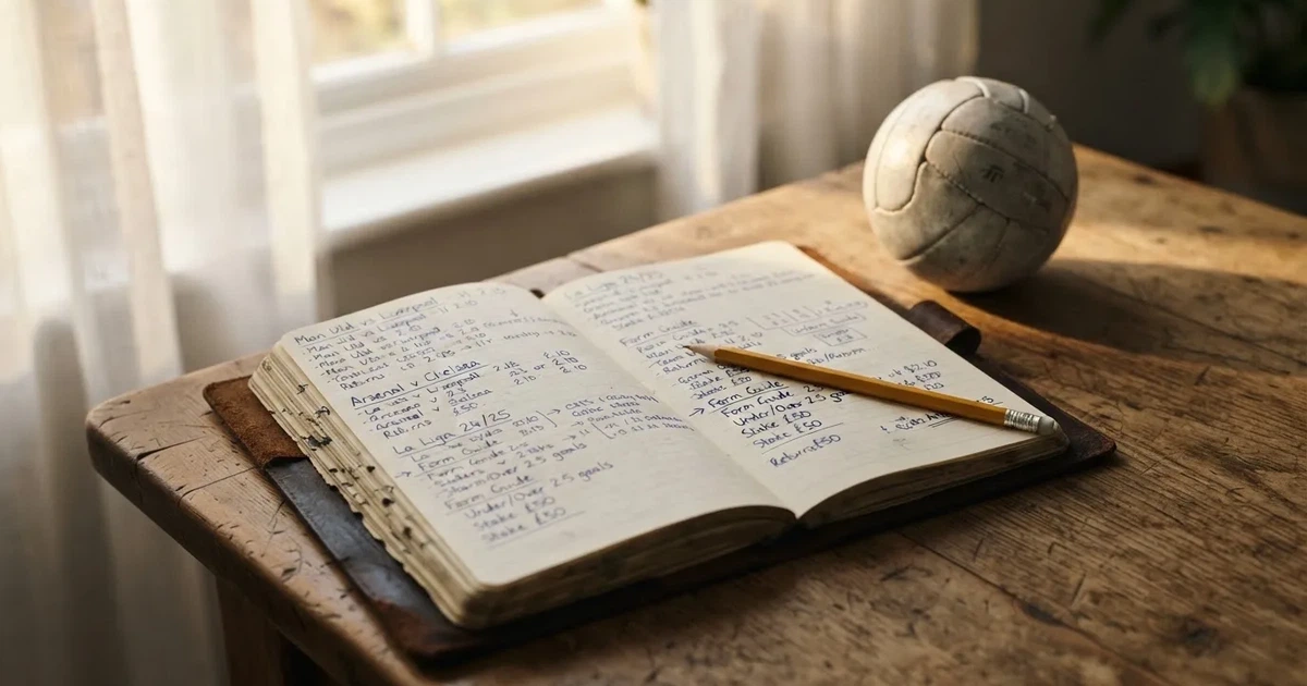 Ein Notizbuch mit handschriftlichen Notizen und einem Bleistift liegt auf einem Holztisch, daneben ein kleiner Fußball im weichen Tageslicht.