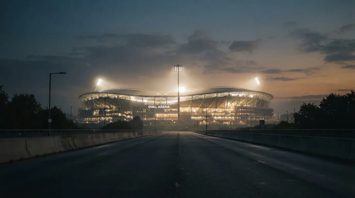 Ein Stadion unter Flutlicht aus der Ferne gesehen, davor eine leere Straße in der Abenddämmerung mit leichtem Dunst.