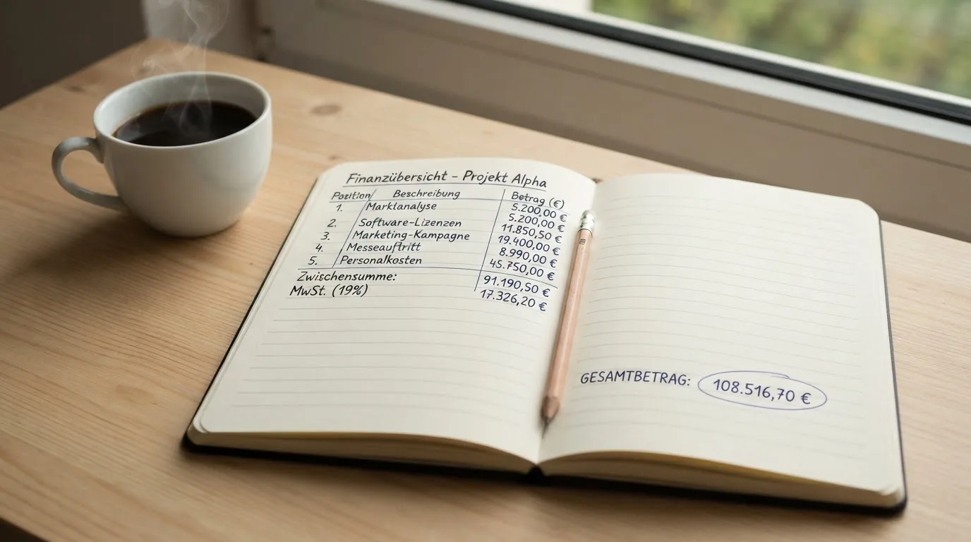 Ein Notizbuch mit handschriftlichen Rechnungen und ein Taschenrechner liegen auf einem hellen Schreibtisch neben einer Kaffeetasse.