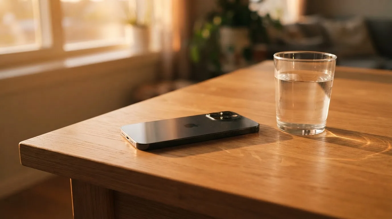 Ein Smartphone liegt mit dem Display nach unten auf einem Holztisch neben einem Glas Wasser, Abendlicht fällt durch ein Fenster.