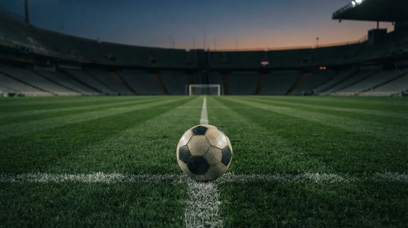 Ein Fußball liegt auf dem Anstoßpunkt eines leeren Rasenplatzes, dahinter ragen dunkle Ränge in den Abendhimmel.