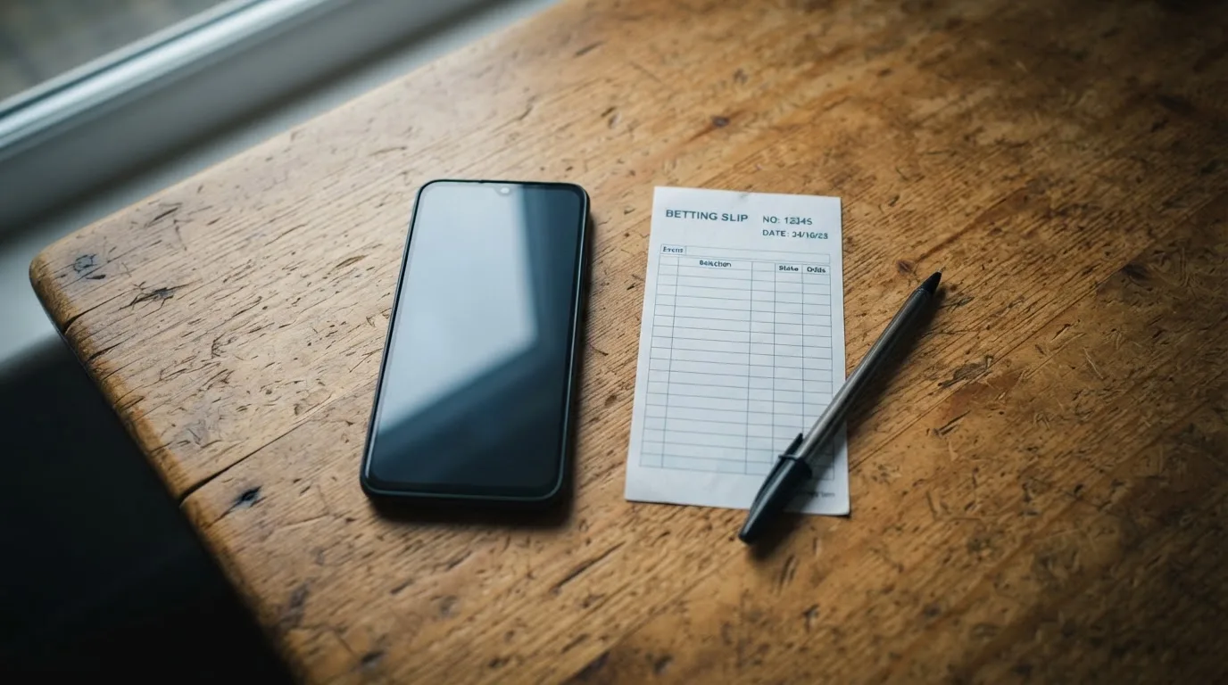 Ein Smartphone mit dunklem Display liegt neben einem leeren Papier-Wettschein und einem Stift auf einem Holztisch.