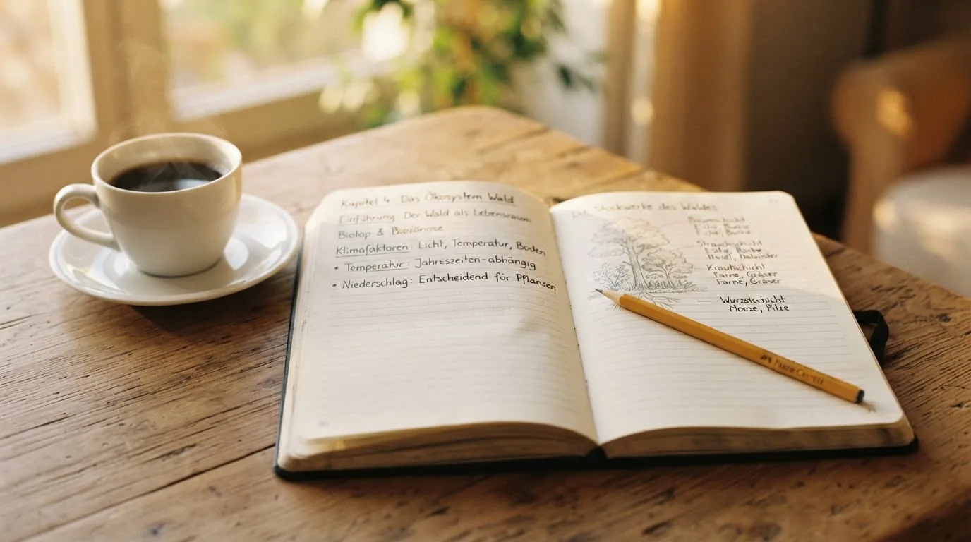 Ein Notizbuch mit handschriftlichen Notizen und einem Bleistift liegt auf einem Tisch, daneben steht eine Kaffeetasse im Morgenlicht.