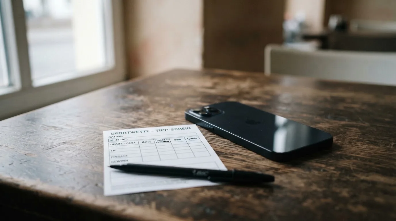 Ein Smartphone liegt mit dunklem Display auf einem Holztisch neben einem leeren Papier-Wettschein, Licht fällt von einem Fenster.