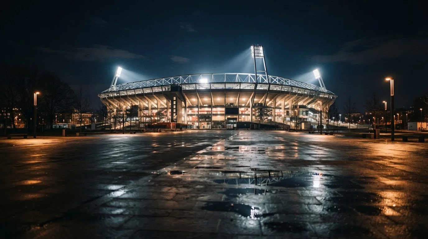 Ein Stadion unter Flutlicht von weitem betrachtet, davor ein stiller Platz bei Dunkelheit und feuchtem Asphalt.