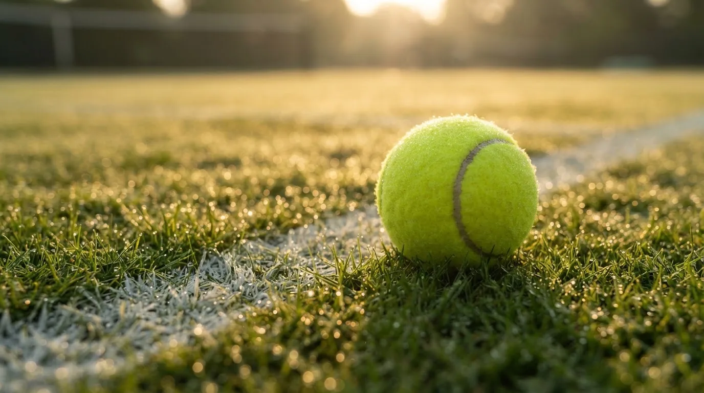Ein Tennisball liegt auf frisch gemähtem Gras neben einer weißen Linie, Tautropfen glänzen im Gegenlicht.