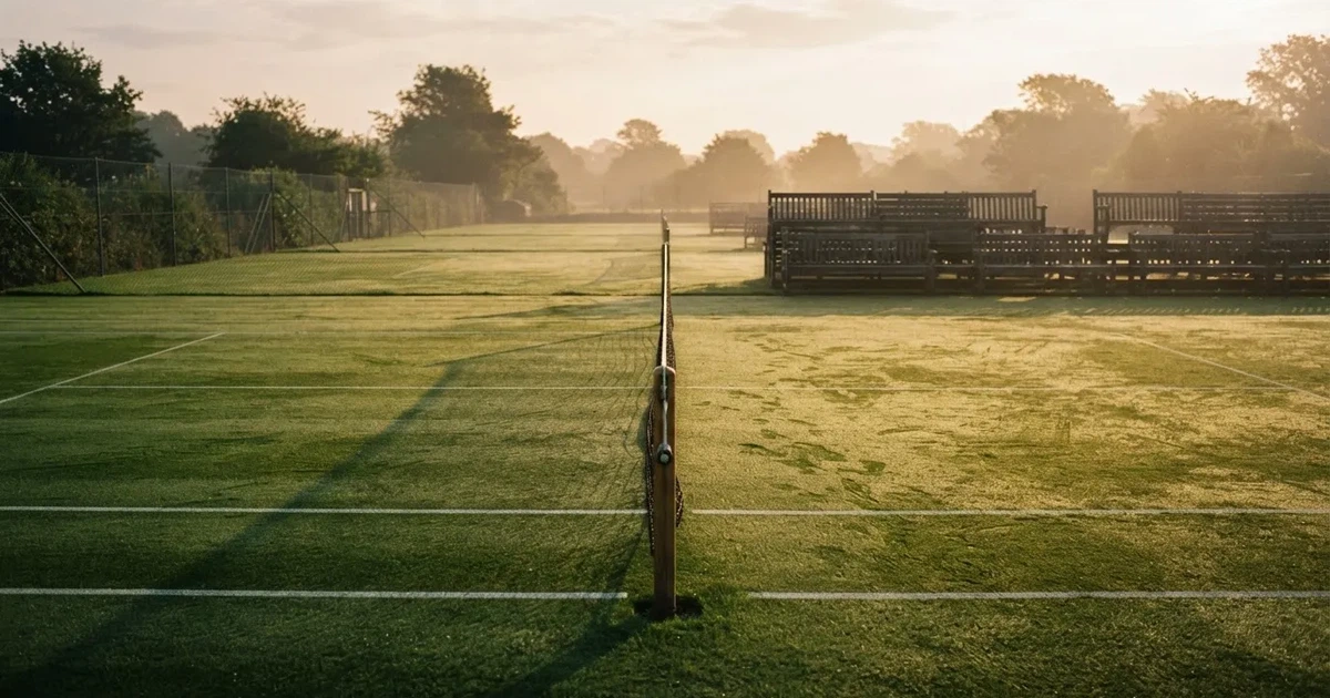 Ein Tennisplatz mit Rasenbelag im Morgenlicht, Netz und weiße Linien, im Hintergrund eine ruhige Tribüne.
