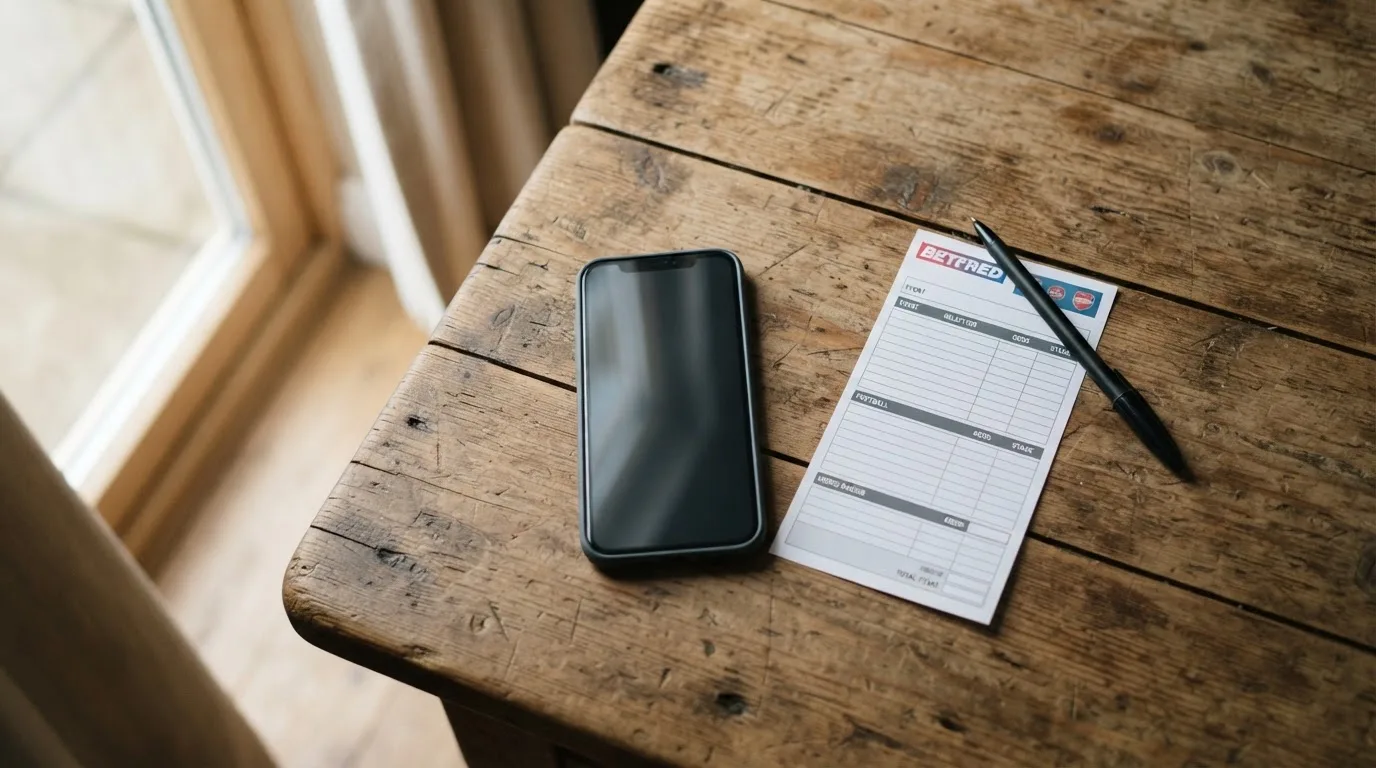 Ein Smartphone mit dunklem Display liegt neben einem leeren Papier-Wettschein auf einem Tisch am Fenster.