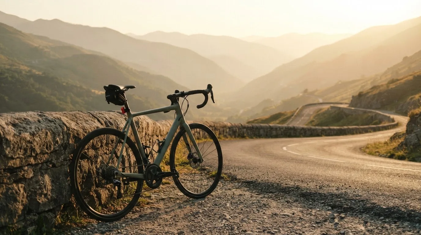 Ein Rennrad lehnt an einer Steinmauer in einer Bergkurve, im Hintergrund eine weite Hügellandschaft im Gegenlicht.