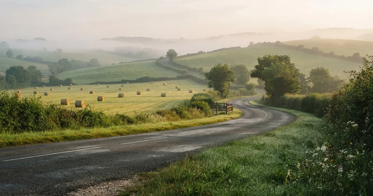 Eine Landstraße schlängelt sich durch Hügel im Morgennebel, am Straßenrand liegen Heuballen auf einem abgemähten Feld.