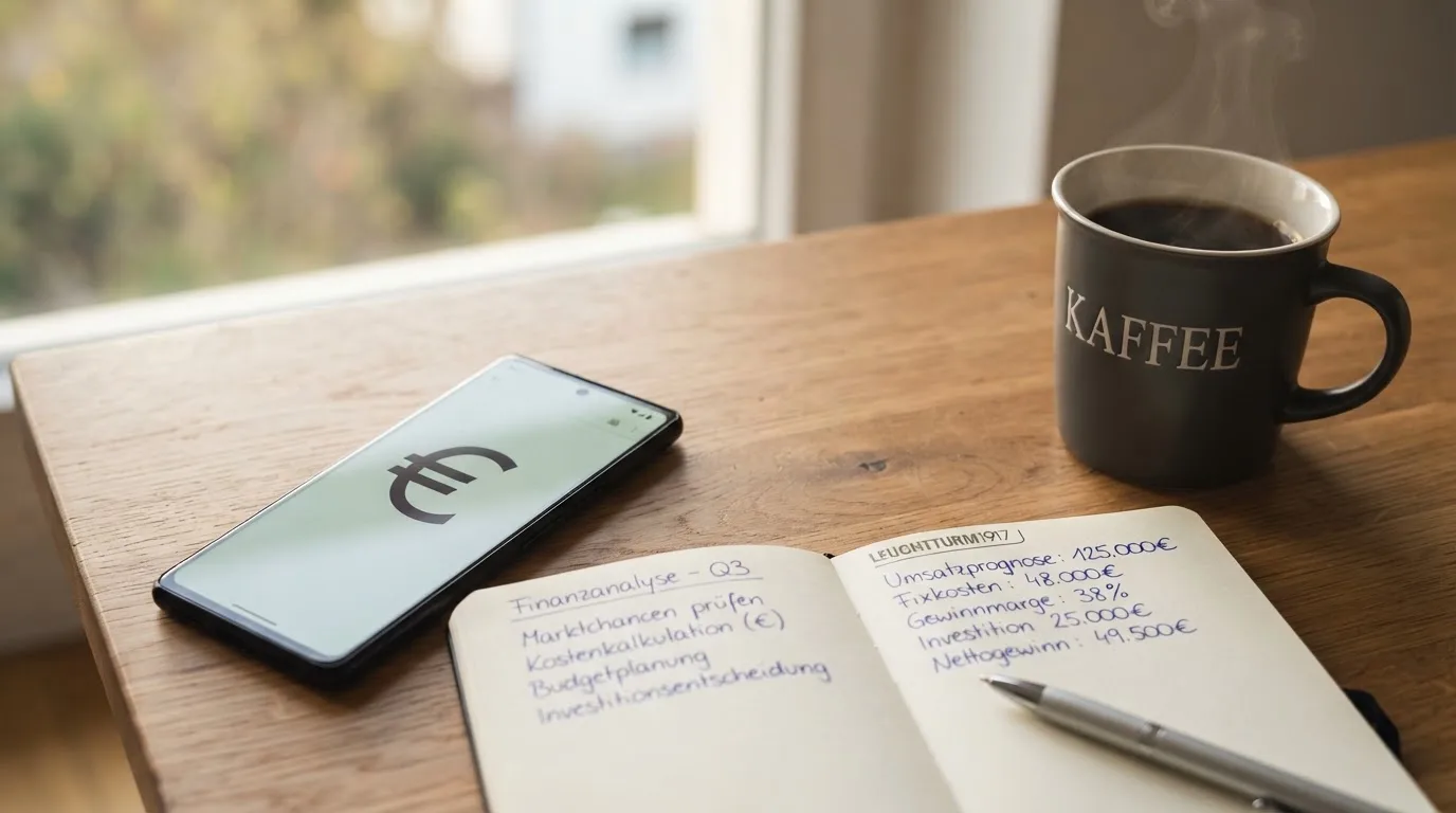 Ein Smartphone liegt auf einem Tisch neben einem Notizbuch mit handschriftlichen Notizen und einer Tasse Kaffee.