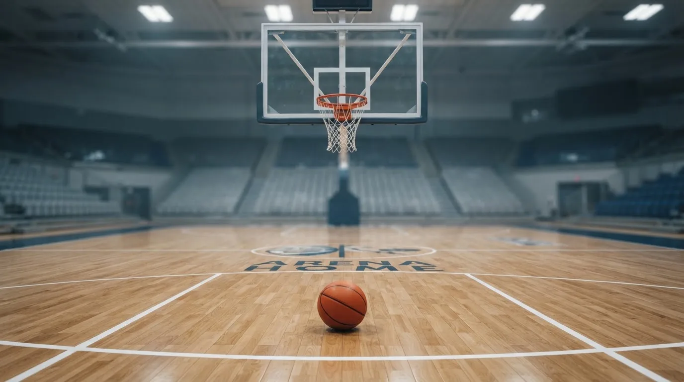 Ein Basketballkorb in einer leeren Halle, der Ball liegt unter dem Brett auf dem Parkett.