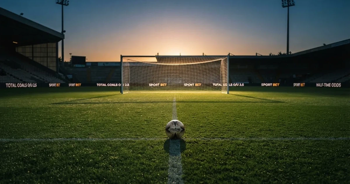 Ein Fußballtor mit Netz im Gegenlicht auf einem leeren Platz am Abend, davor ein Ball auf dem Rasen.