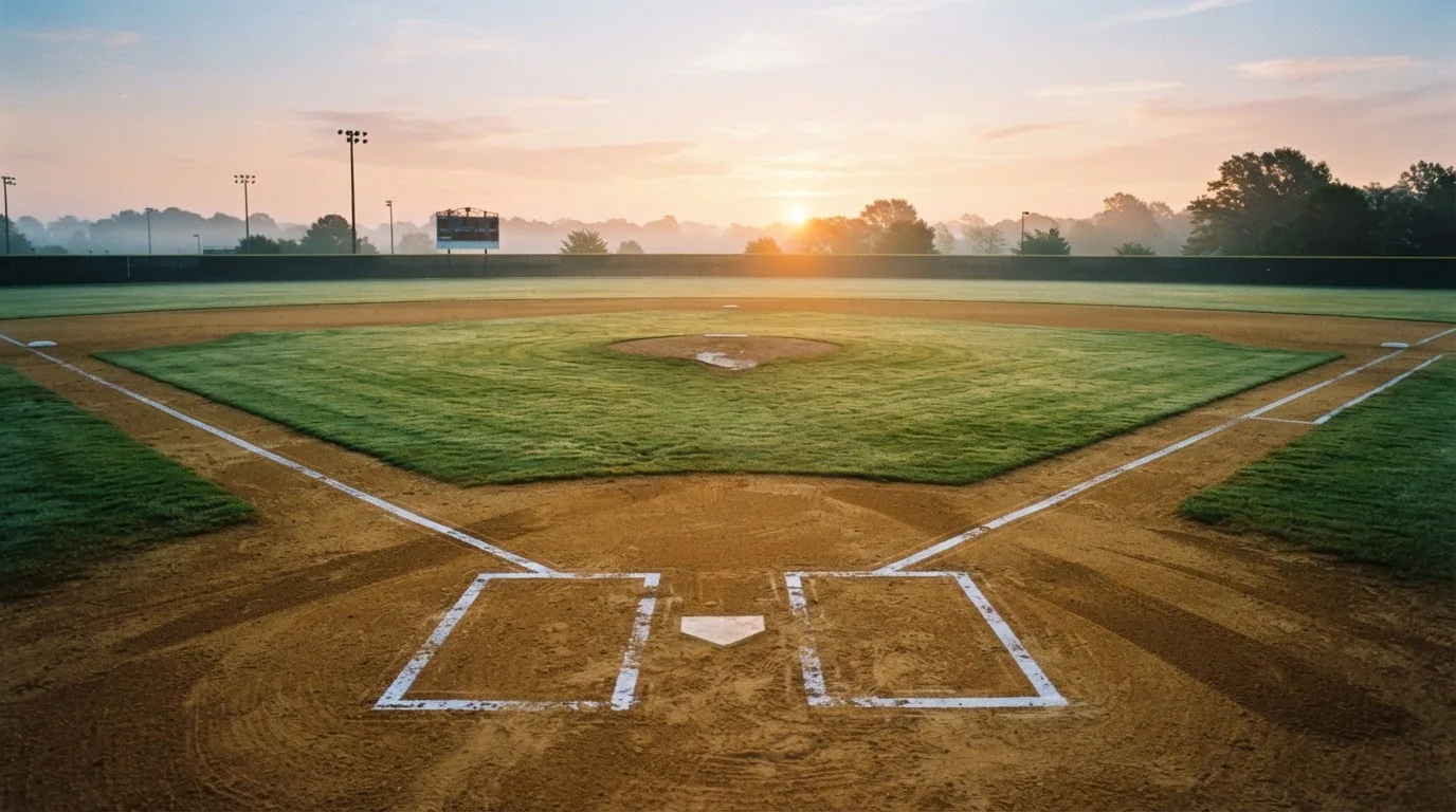 Ein Baseballfeld mit leerem Infield im Morgenlicht, die Linien frisch gezogen, keine Spieler im Bild.
