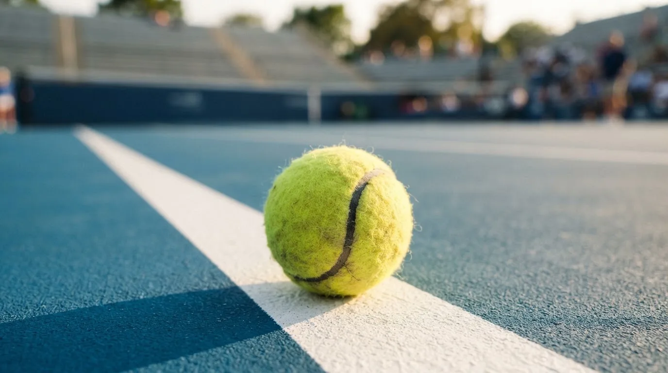 Ein Tennisball liegt in Nahaufnahme auf einer Grundlinie, dahinter verschwimmt ein leerer Platz in warmem Licht.