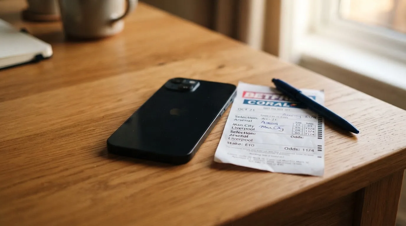 Ein Smartphone mit dunklem Display liegt neben einem leeren Papier-Wettschein auf einem Tisch, Licht fällt von der Seite.
