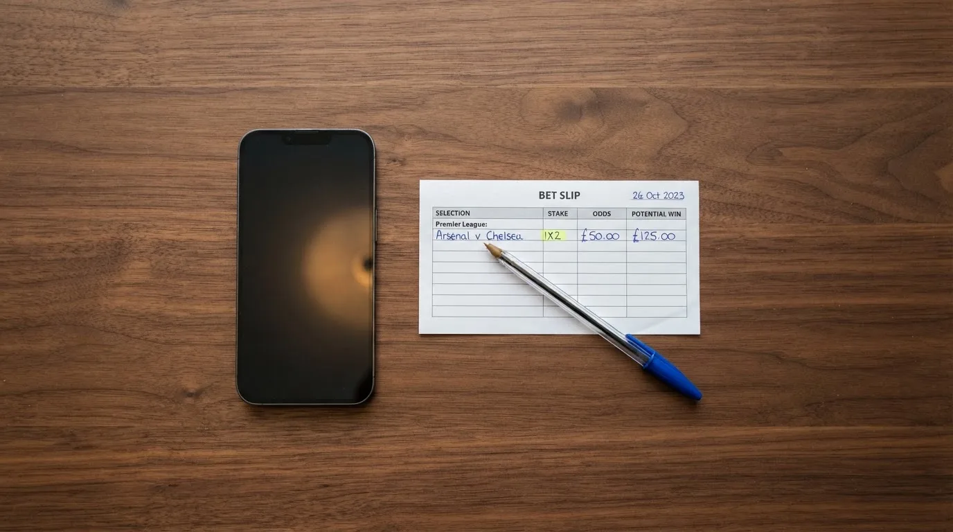 Ein Smartphone liegt mit dunklem Display neben einem leeren Papier-Wettschein und einem Stift auf einem Holztisch.