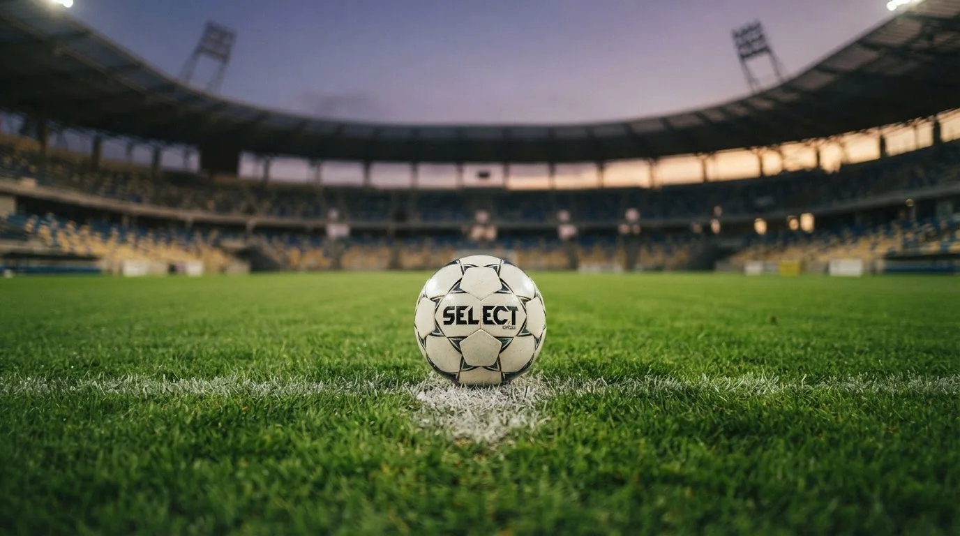 Ein Fußball liegt auf dem Anstoßpunkt eines Rasenplatzes, dahinter eine leere Tribüne im Abendlicht.