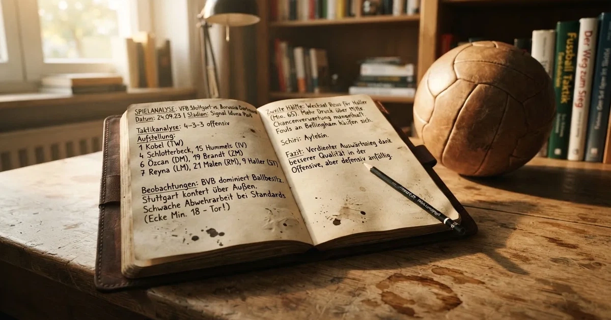 Ein Notizbuch mit handschriftlichen Notizen und einem Bleistift liegt auf einem Holztisch, daneben ein kleiner Fußball im Tageslicht.