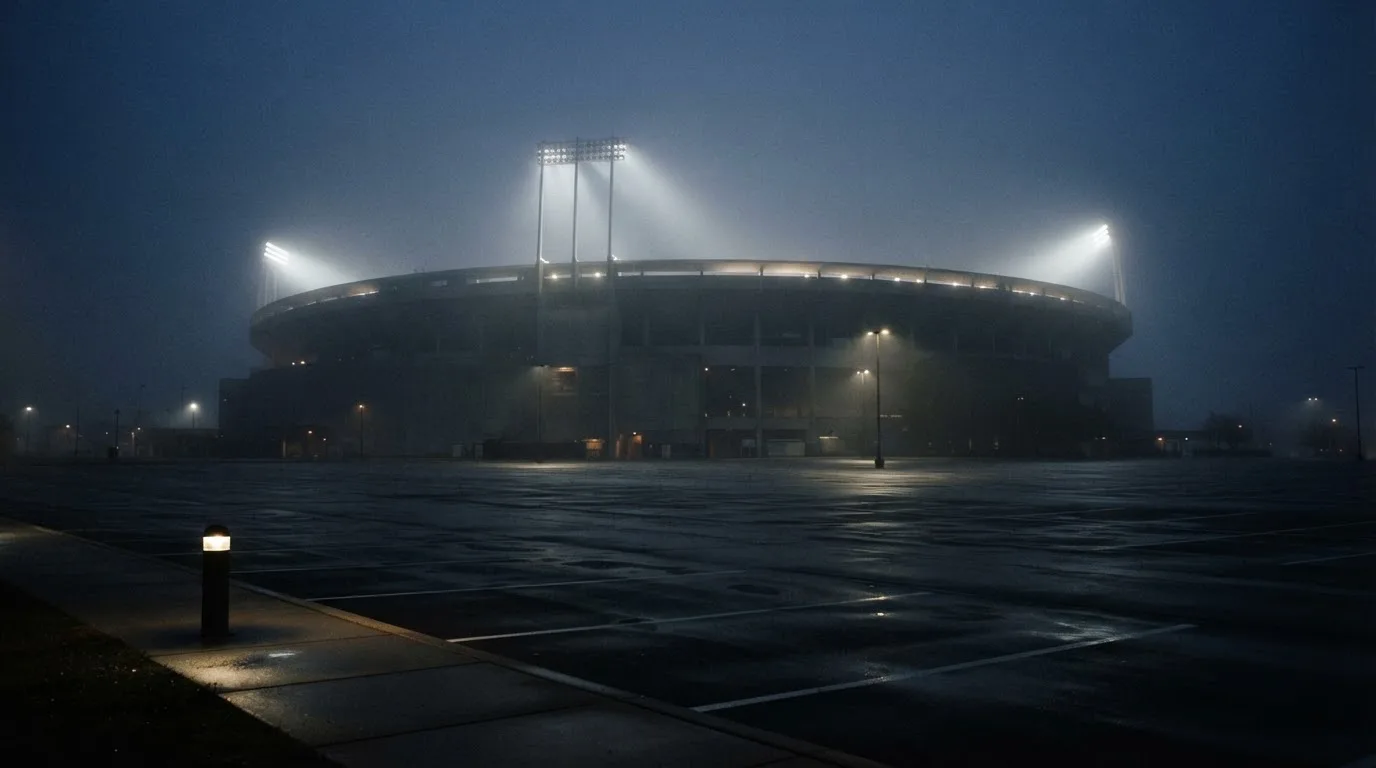 Ein Stadion unter Flutlicht aus der Ferne gesehen, davor ein stiller Parkplatz bei Nebel.