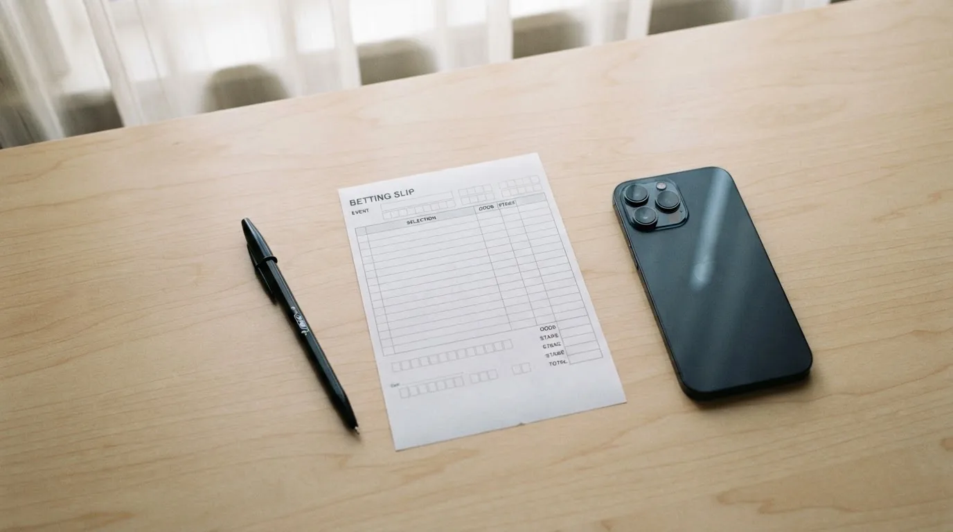 Ein leerer Papier-Wettschein und ein Kugelschreiber liegen neben einem Smartphone mit dunklem Display auf einem Schreibtisch am Fenster.