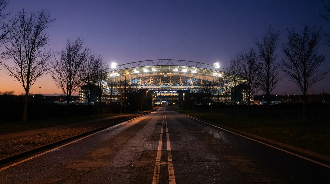 Ein Stadion unter Flutlicht aus großer Entfernung, davor eine leere Straße in der Abenddämmerung.