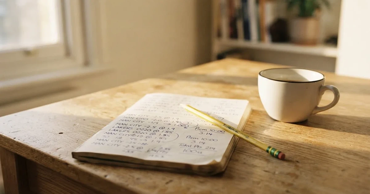 Eine Kaffeetasse, ein Notizbuch mit handschriftlichen Notizen und ein Bleistift auf einem hellen Schreibtisch am Morgen.