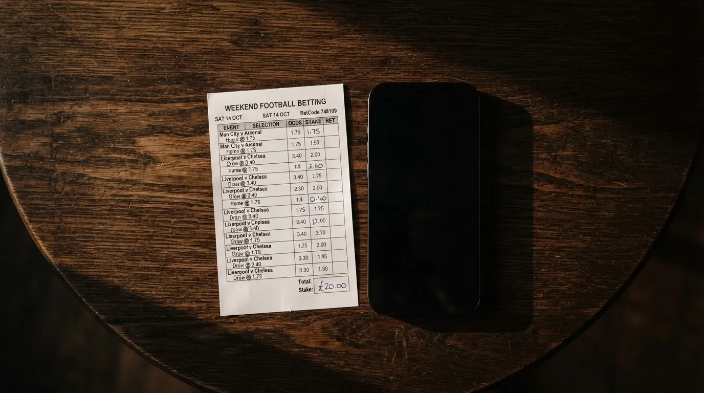 Ein Smartphone mit dunklem Display liegt neben einem leeren Papier-Wettschein auf einem Holztisch, Licht fällt von der Seite.