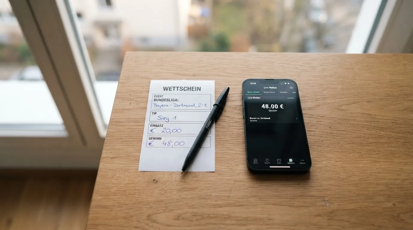 Ein leerer Papier-Wettschein und ein Kugelschreiber liegen neben einem Smartphone mit dunklem Display auf einem Schreibtisch am Fenster.