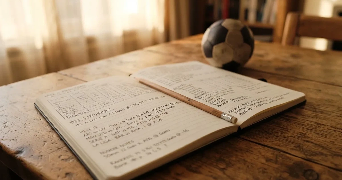 Ein Notizbuch mit handschriftlichen Notizen und einem Bleistift liegt auf einem Holztisch, daneben ein kleiner Fußball im Tageslicht.