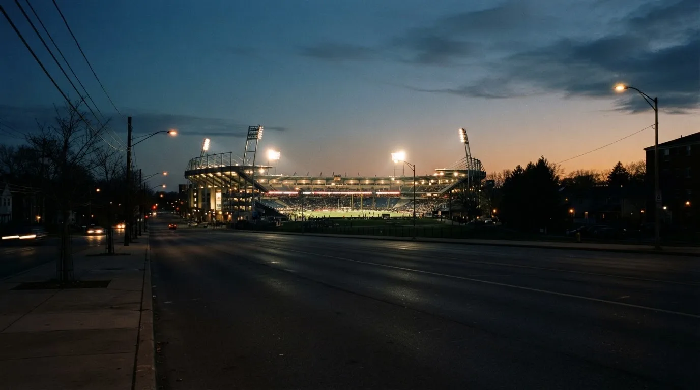 Ein Stadion unter Flutlicht aus großer Entfernung, davor eine leere Straße in der Abenddämmerung.