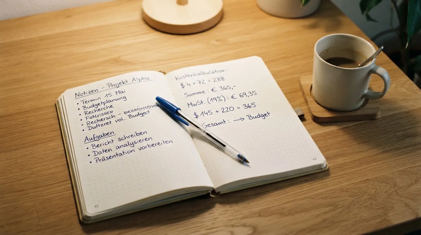 Ein Notizbuch mit handschriftlichen Notizen und ein Taschenrechner stehen auf einem Schreibtisch, daneben eine Tasse.