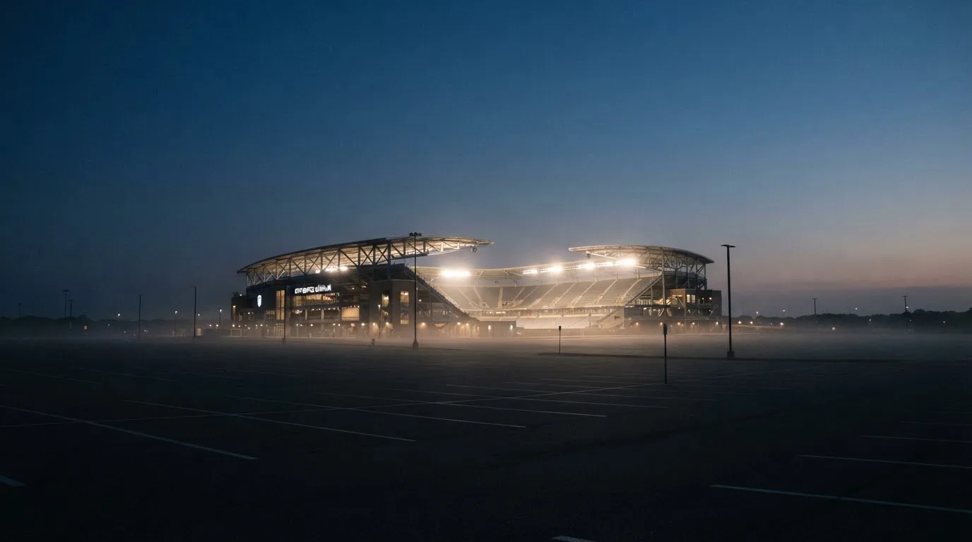 Ein Stadion unter Flutlicht aus der Ferne gesehen, davor ein leerer Parkplatz im Dunst.