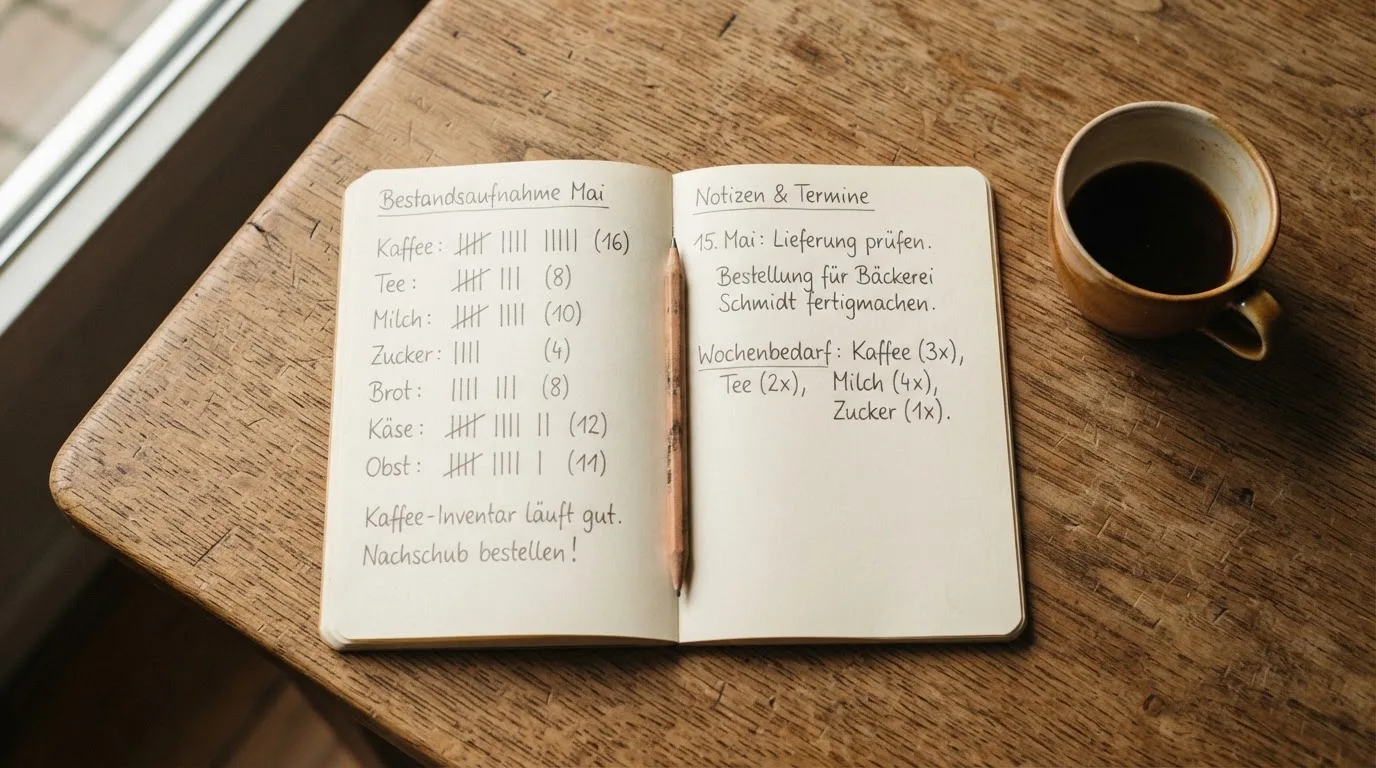 Ein Notizbuch mit handgeschriebenen Strichlisten liegt neben einem Bleistift und einer Kaffeetasse auf einem Holztisch.