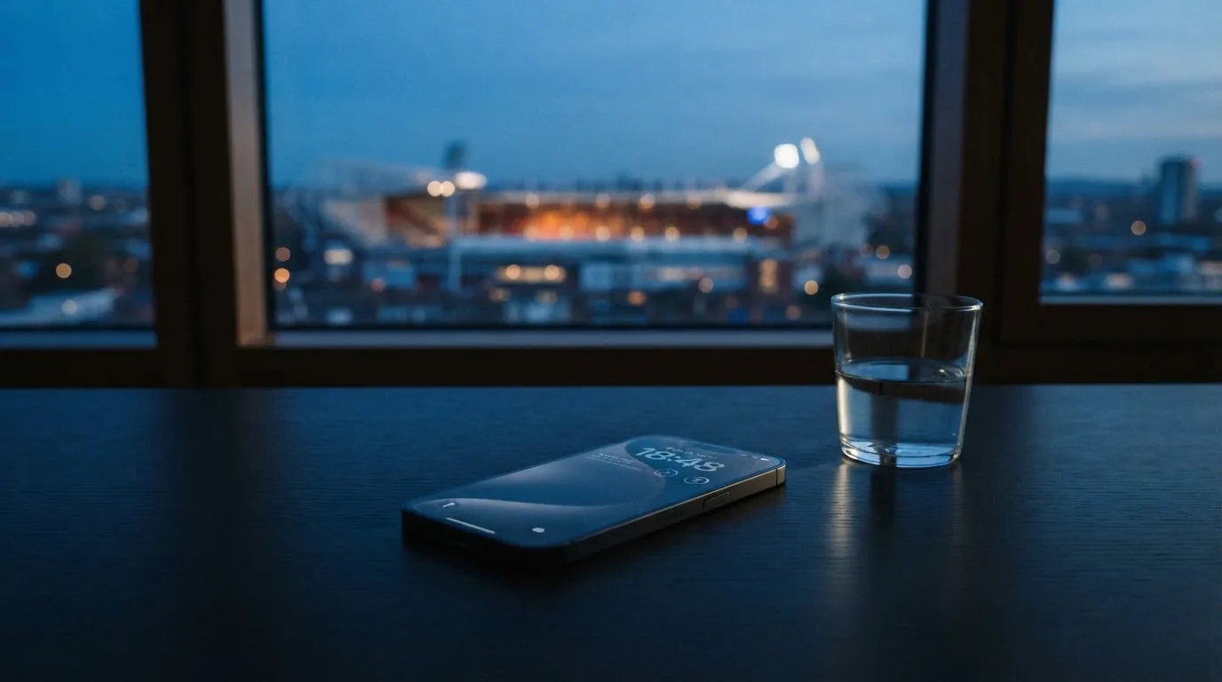 Ein Smartphone mit dunklem Display liegt auf einem Schreibtisch neben einem Glas Wasser, im Fenster dahinter ein Stadion im Dämmerlicht.