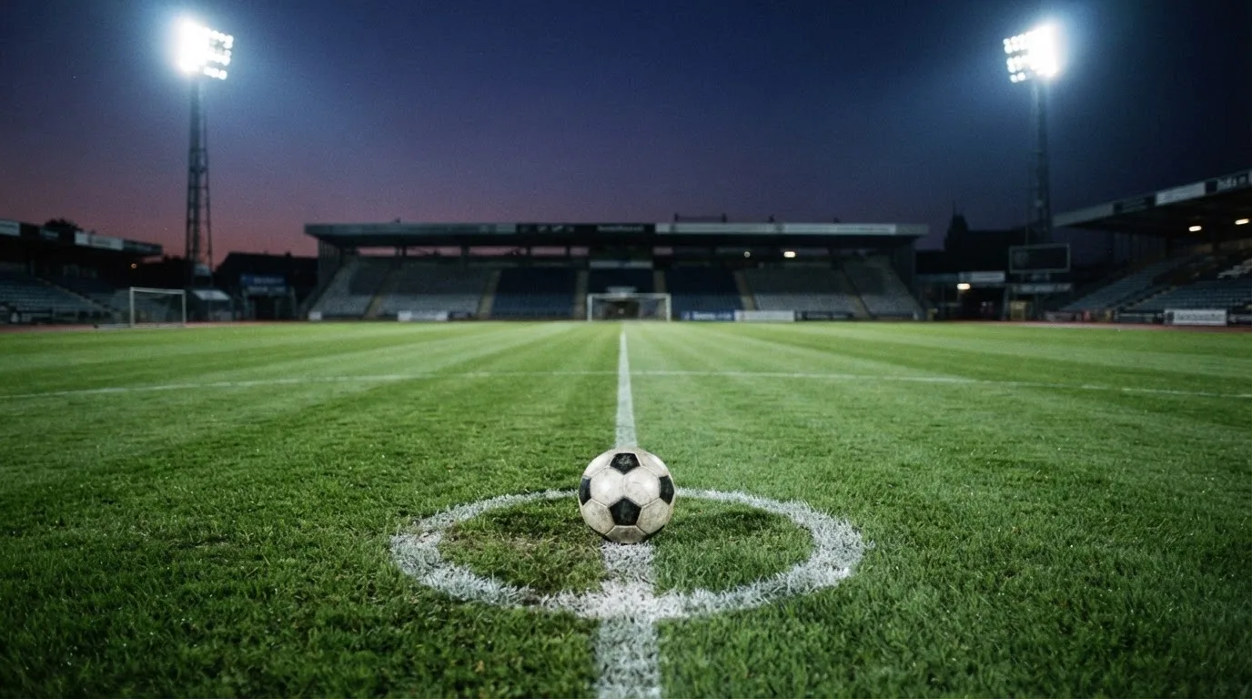 Ein Fußball liegt auf dem Mittelkreis eines leeren Rasenplatzes unter Flutlicht am frühen Abend, die Tribünen sind nur schemenhaft zu erkennen.