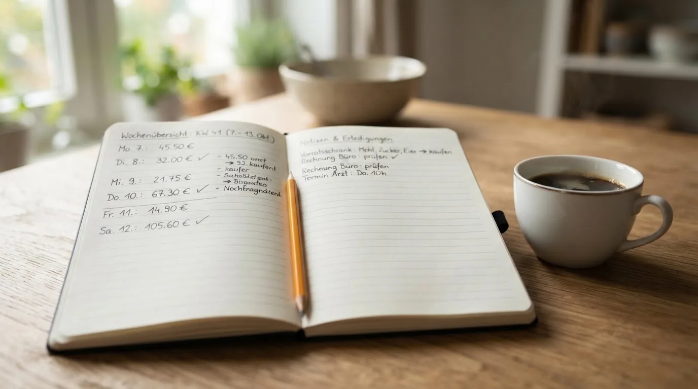 Ein Notizbuch mit handschriftlichen Zahlenreihen und ein Bleistift liegen auf einem Küchentisch neben einer Tasse.