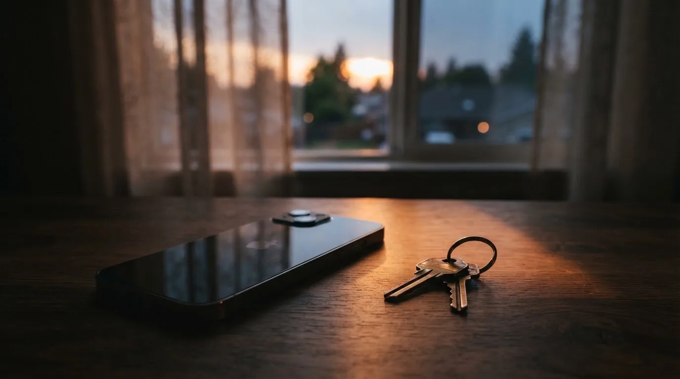 Ein Smartphone mit dunklem Display liegt auf einem Holztisch, daneben ein Schlüsselbund, im Hintergrund ein Fenster mit Abendlicht.