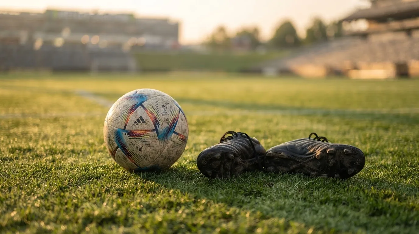 Ein Fußball auf frisch gemähtem Rasen im Morgenlicht, daneben ein Paar Fußballschuhe ohne erkennbare Marke.