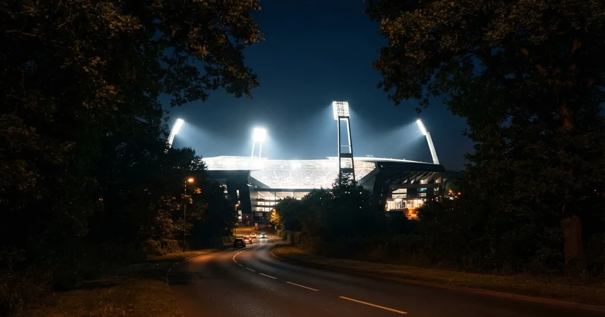 Ein Fußballstadion bei Nacht aus großer Entfernung, hell erleuchtet unter Flutlicht, davor eine dunkle Straße und Bäume.