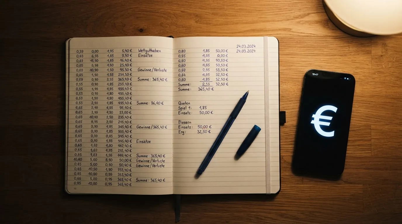 Ein Notizbuch mit handgeschriebenen Zahlen und ein Kugelschreiber liegen auf einem Tisch, daneben ein Smartphone mit schwarzem Bildschirm.